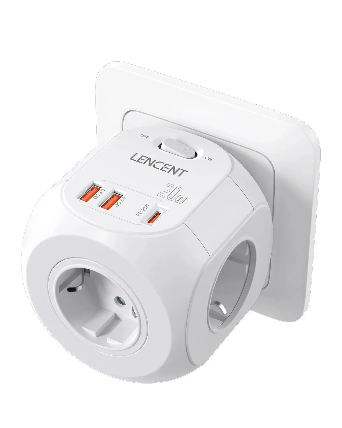 7-in-1 EU Wall Socket Extender - 3 AC Outlets, 3 USB-A & 1 USB-C with On/Off Switch