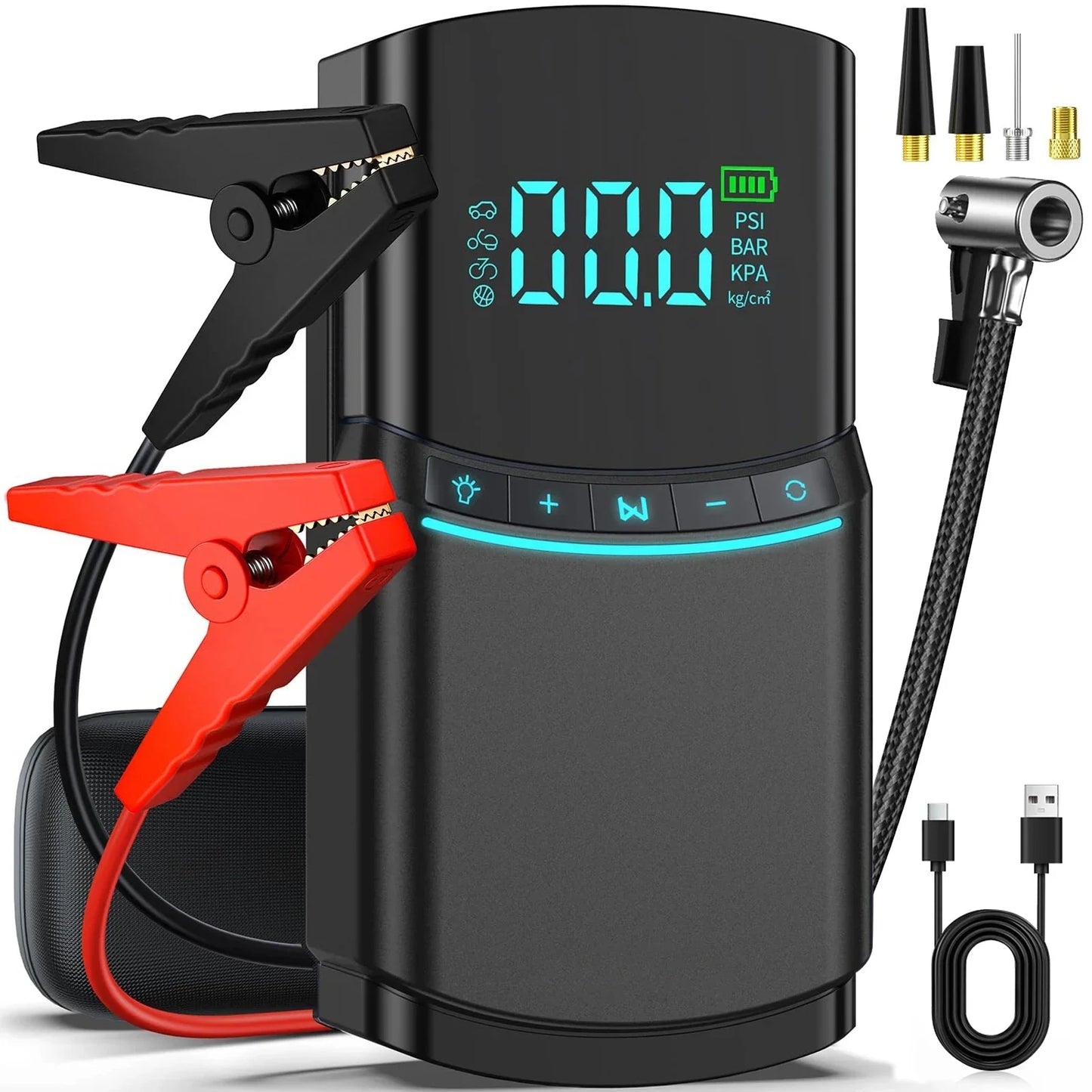 150 PSI Portable Tire Inflator & 3000A Car Jump Starter Power Bank – 12V Battery Booster with LED Flashlight & SOS Light