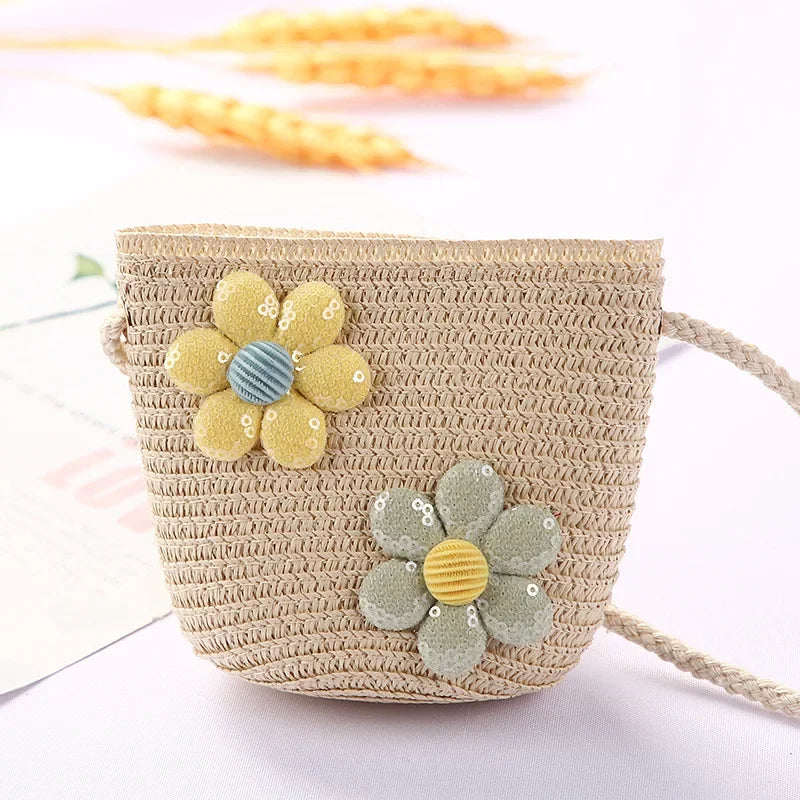 Girls Daisy Straw Mini Messenger Bag, Kids Shoulder Handbag with Coin Purse