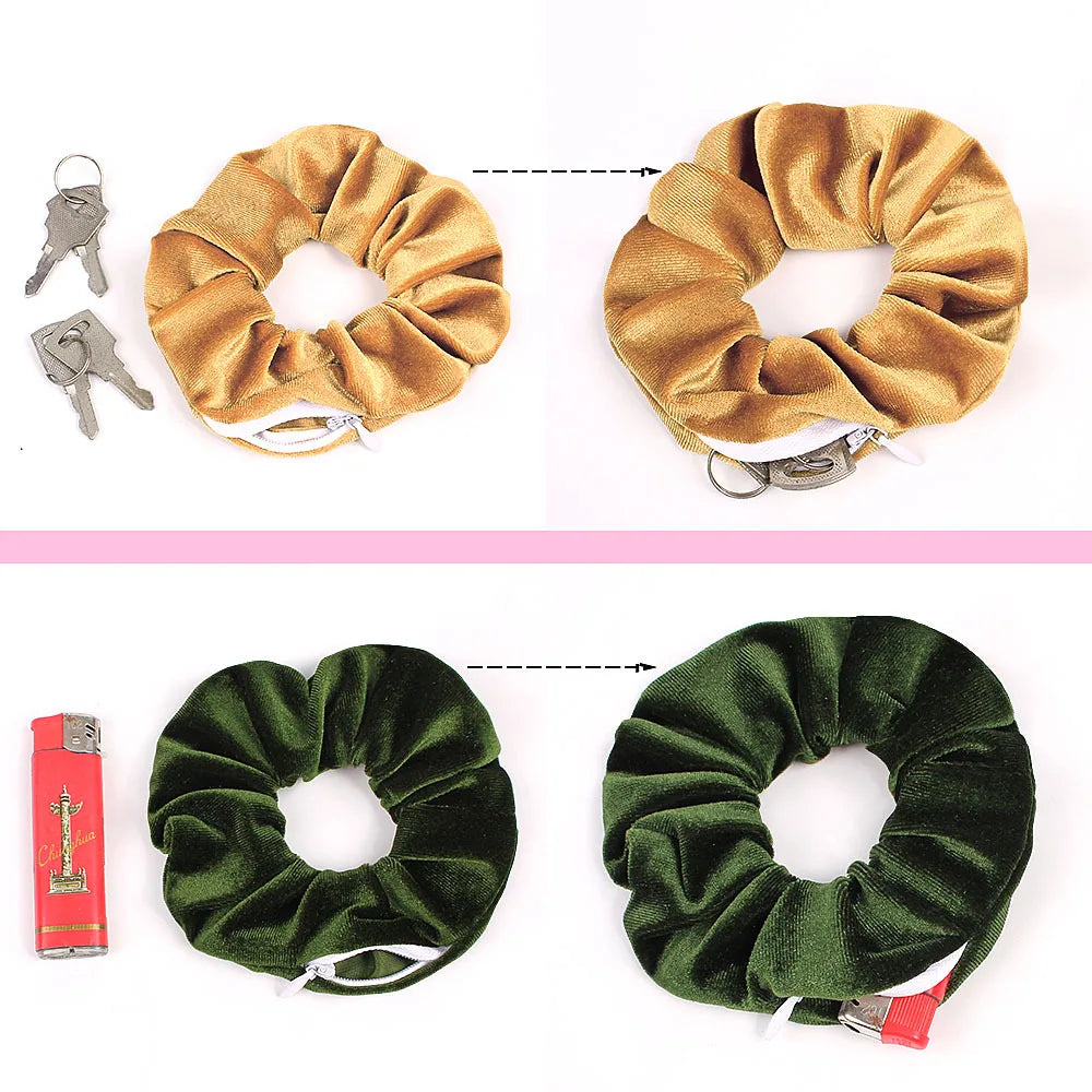 Hidden Pocket Scrunchie Hair Tie with Zipper - Secret Safe for Keys, Cash & Jewelry, Travel & Festival Accessory
