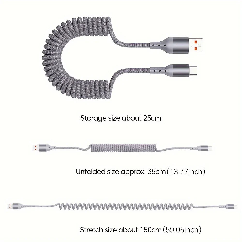 100W USB-C Coiled Car Fast Charging Cable – PD 100W Fast Charge & 60W Data Sync, USB 3.1 Type-C