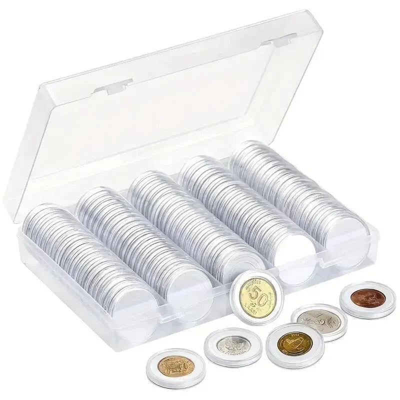100-Pack Clear Coin Capsules Plastic Storage Organizer Box – Round Coin Protection for Collectors