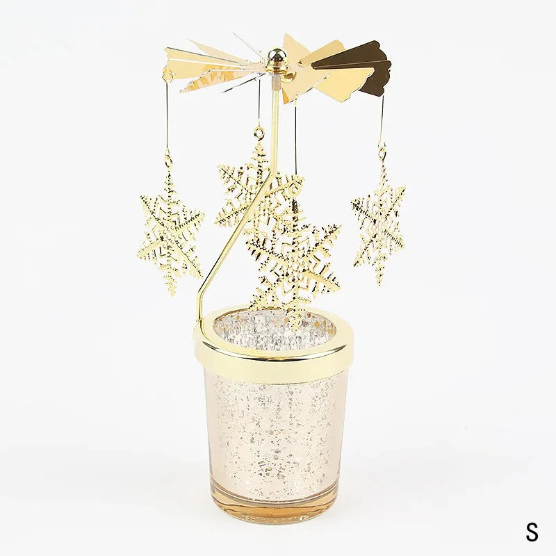 Rotating Tea Light Candle Holder Carousel Stand 6.7x3.1in (17x8cm) Metal Spinning Candlestick Gold Silver Home Party Christmas Decor Gift