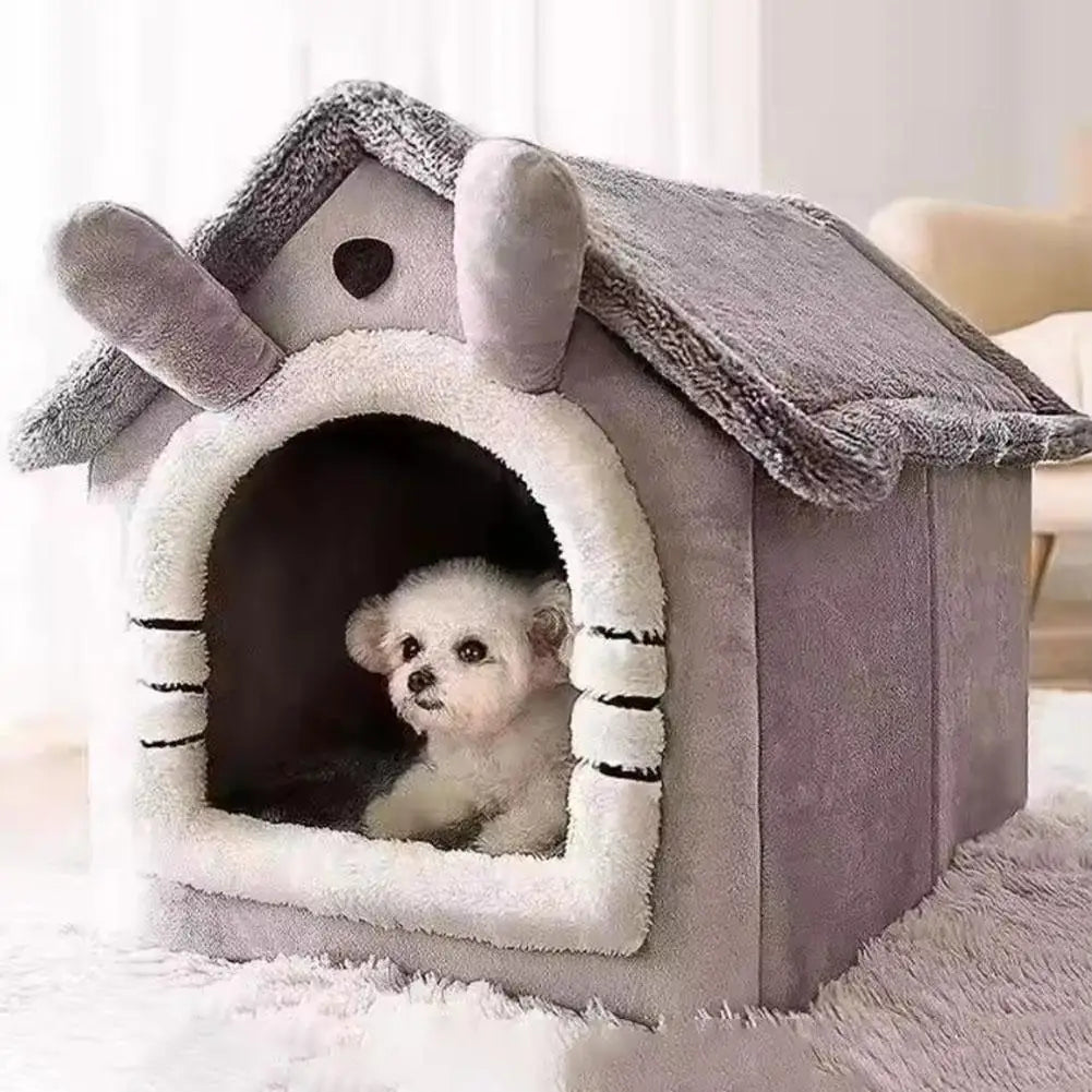 Thick Plush Semi-Enclosed Cat & Small Dog House Bed 13 x 11.8 x 12.6 in (33 x 30 x 32 cm) Removable Washable Cushion Non-Slip Base