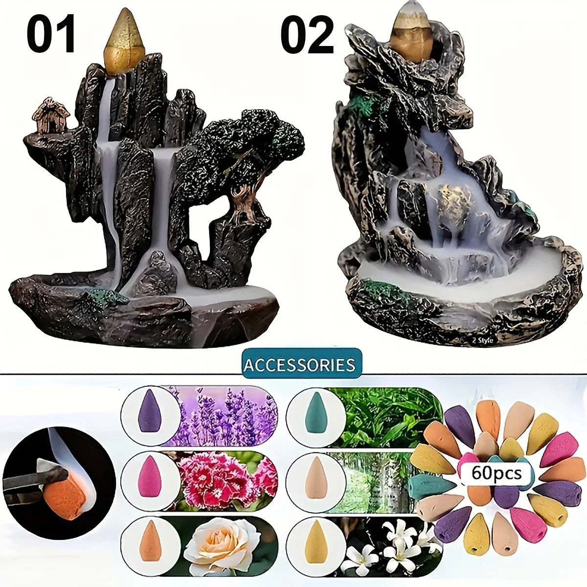 Backflow Incense Burner Fountain - Mountain River Waterfall Resin Smoke Censer with 60 Incense Cones