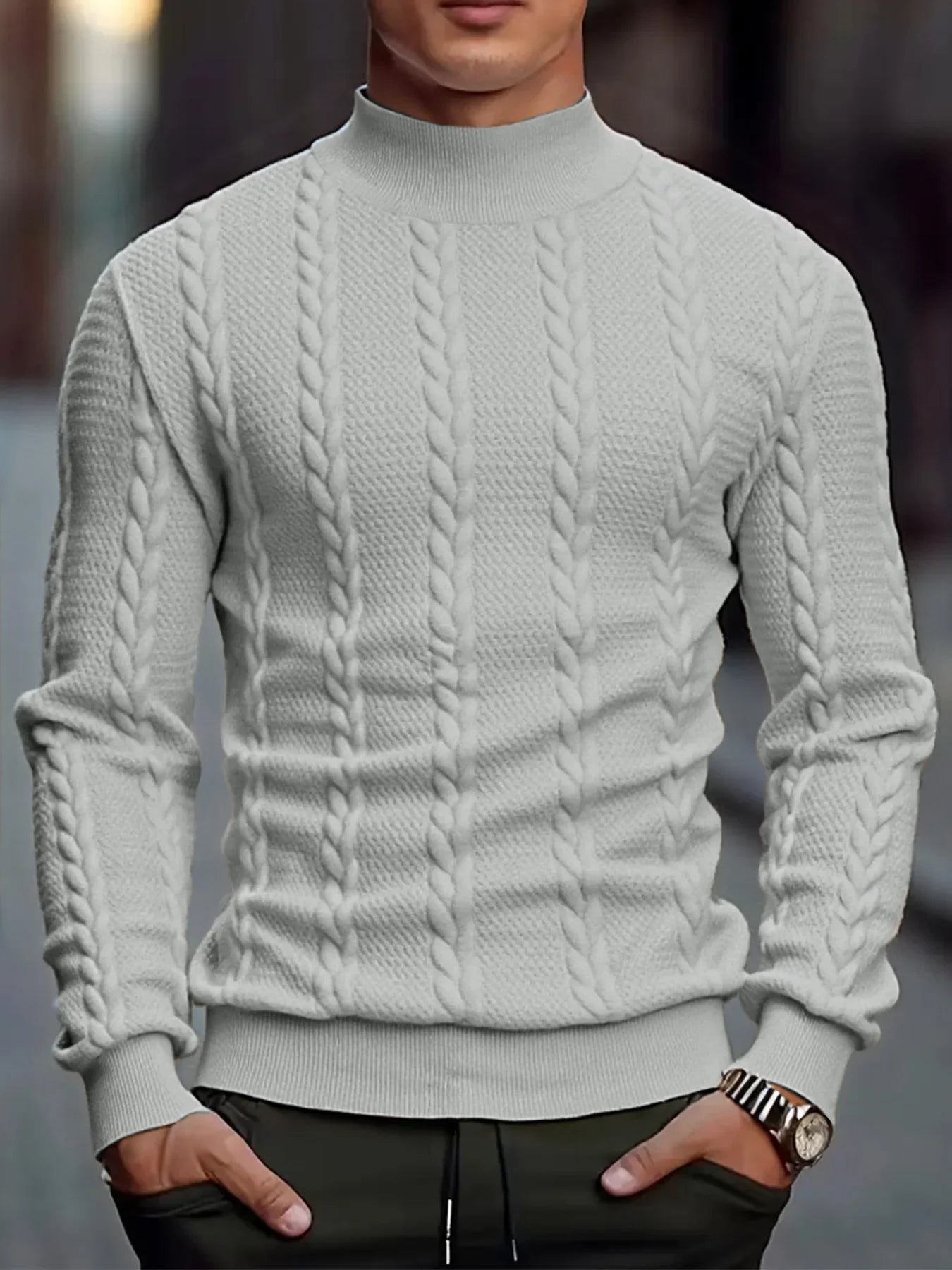 Men's High Collar Knit Sweater - Slim Fit Vintage Twist Turtleneck Pullover, Warm Winter Knitwear