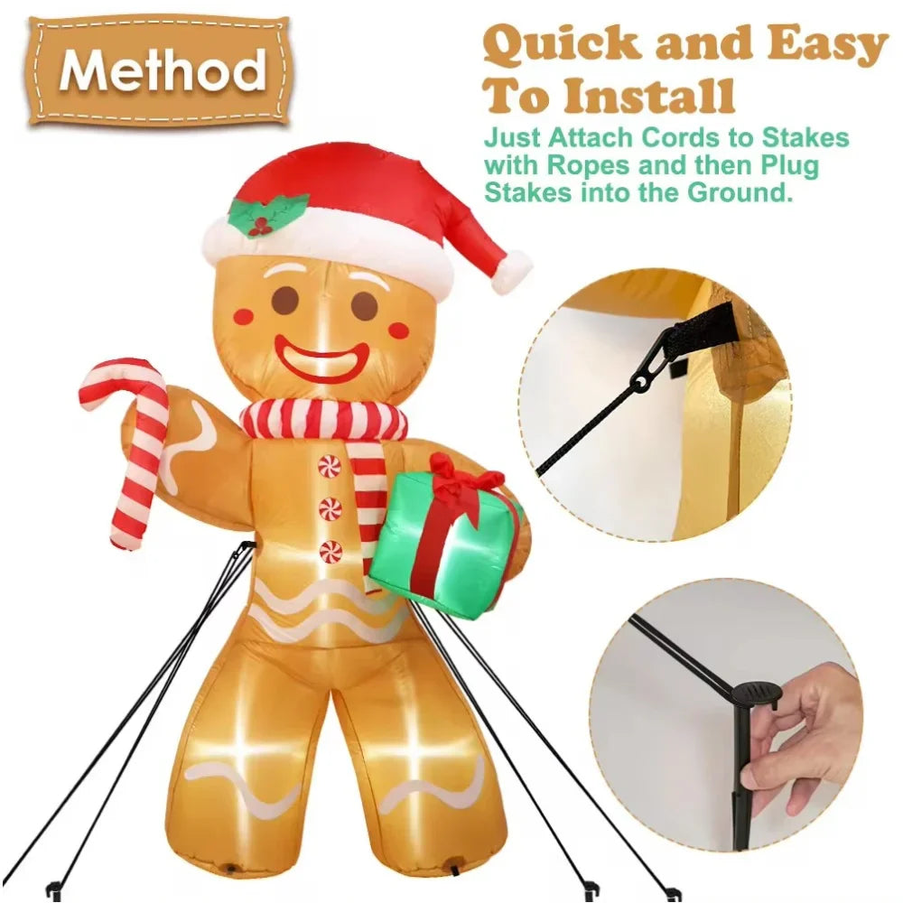 8 ft (2.4 m) Christmas Gingerbread Man Inflatable with LED Lights and Gift Sack - Outdoor Yard Lawn Decoration