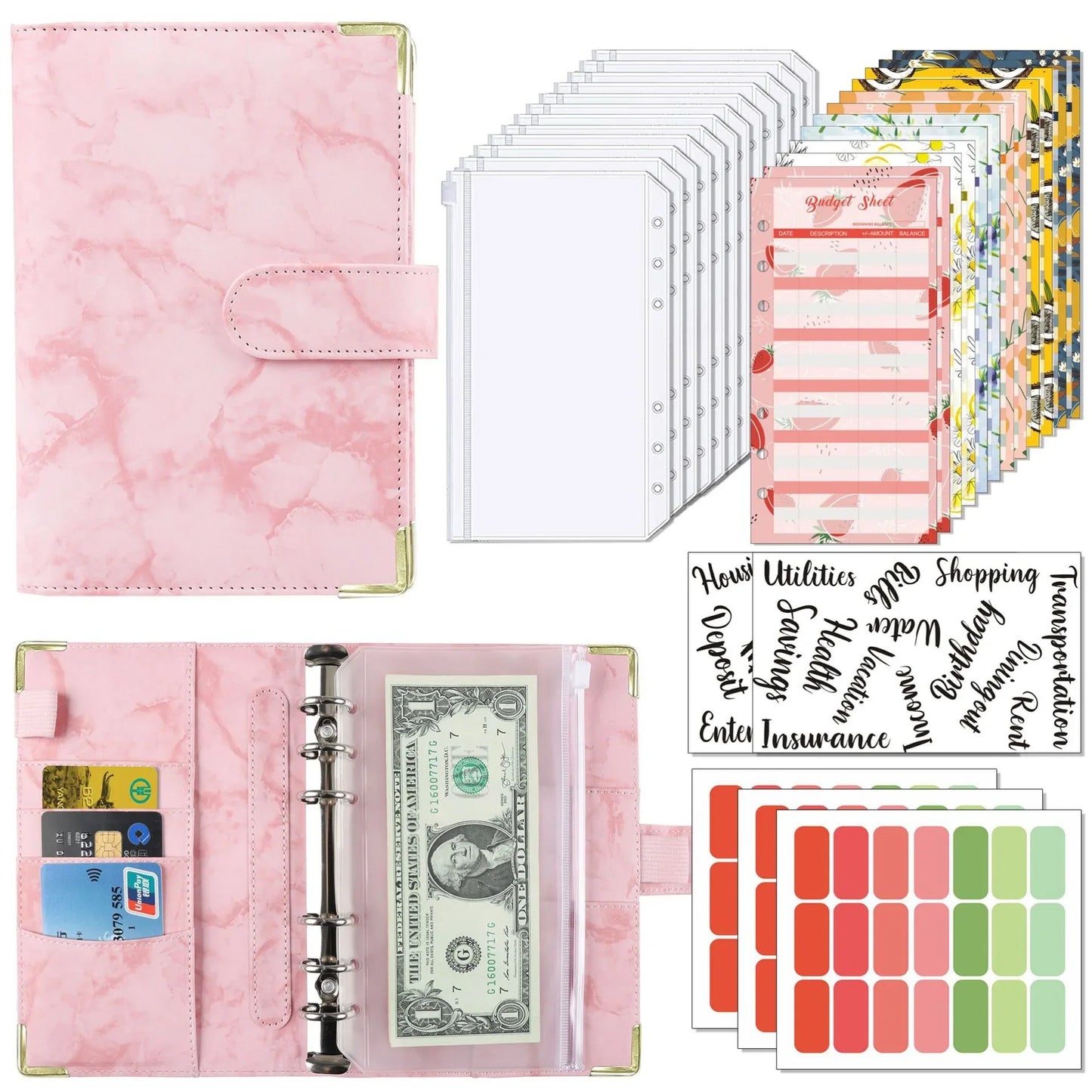 A6 Budget Binder Wallet Organizer — 12 Cash Envelopes, 12 Budget Sheets & 5 Label Stickers (7.84 x 5.2 in / 199 x 132 mm)