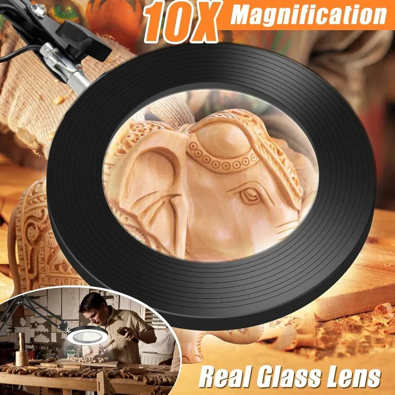 10X Magnifying Lamp with Light and Stand, 4.3 in (110 mm) Glass Lens — Dimmer Swing Arm 2-in-1 Desk Lamp & Clamp for Crafting, Reading, Repair