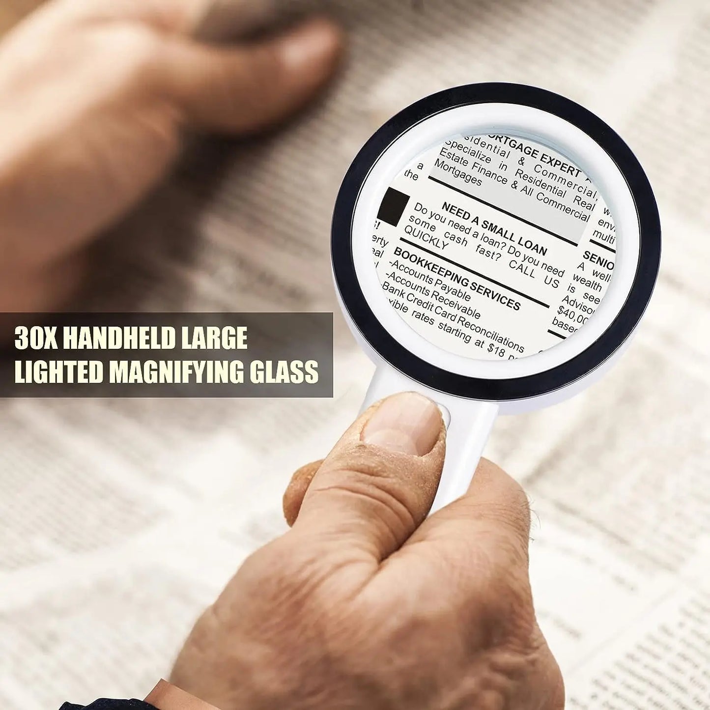 30X Handheld Magnifying Glass with 12 LEDs, Double Glass Lens Illuminated Magnifier for Reading, Jewelry & Watch Repair