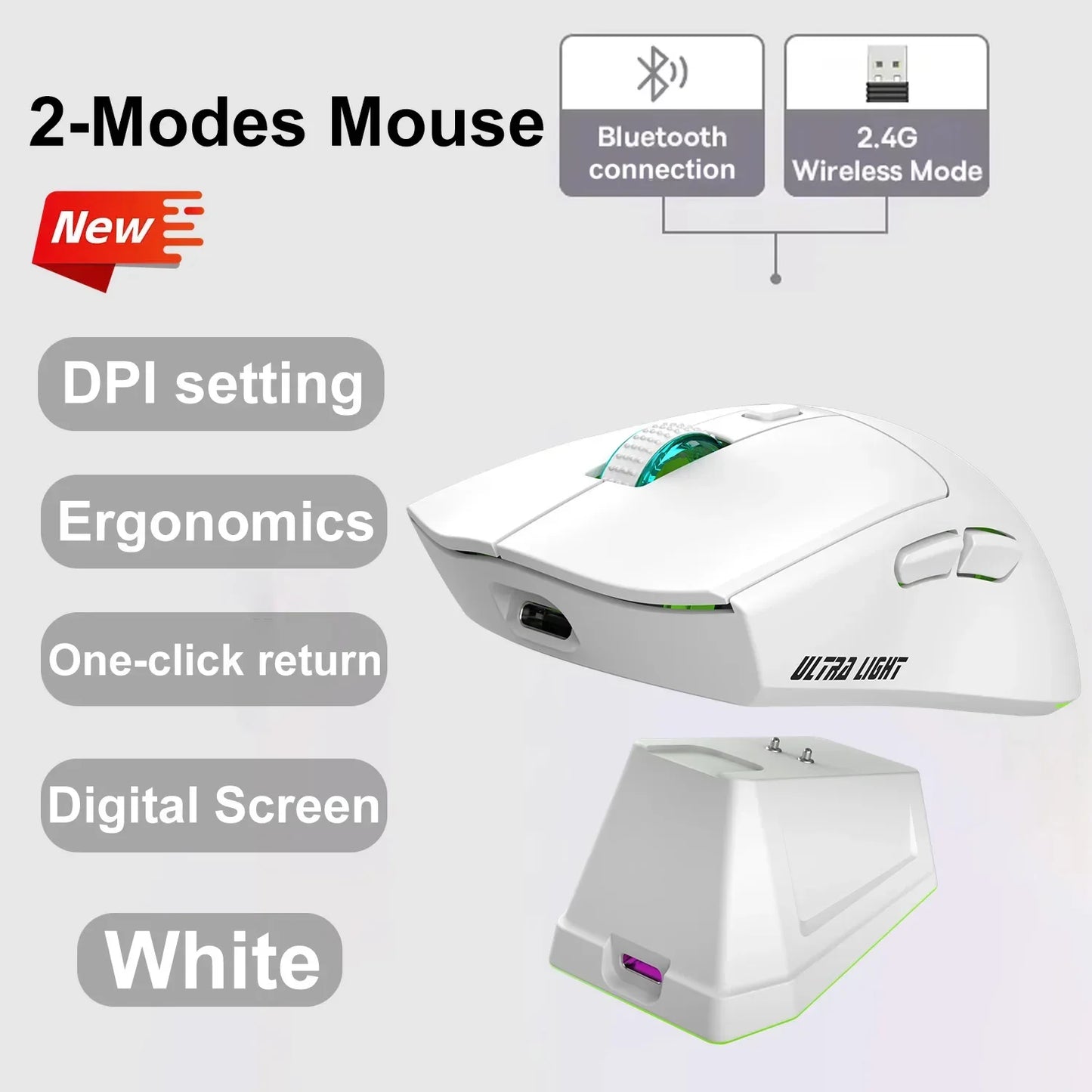 Wireless Ergonomic Gaming Mouse 3-Level DPI Dual-Mode Connection Magnetic Charging Dock