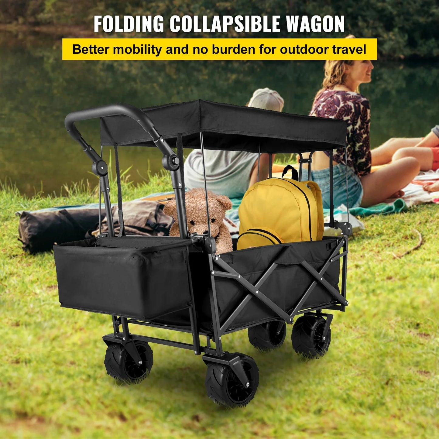 Folding Collapsible Wagon Cart with Adjustable Handle, Removable Canopy — 600D Oxford Utility Beach & Camping Cart
