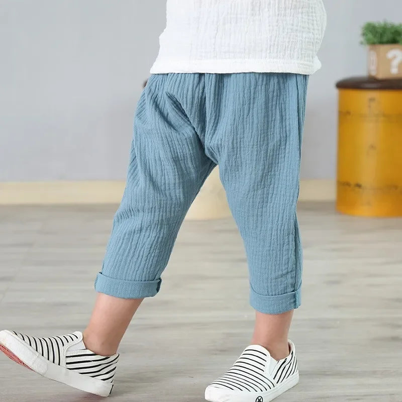 Kids Cotton Pleated Ankle-Length Pants – Toddler Boys Girls Casual Harem Trousers with Elastic Waist
