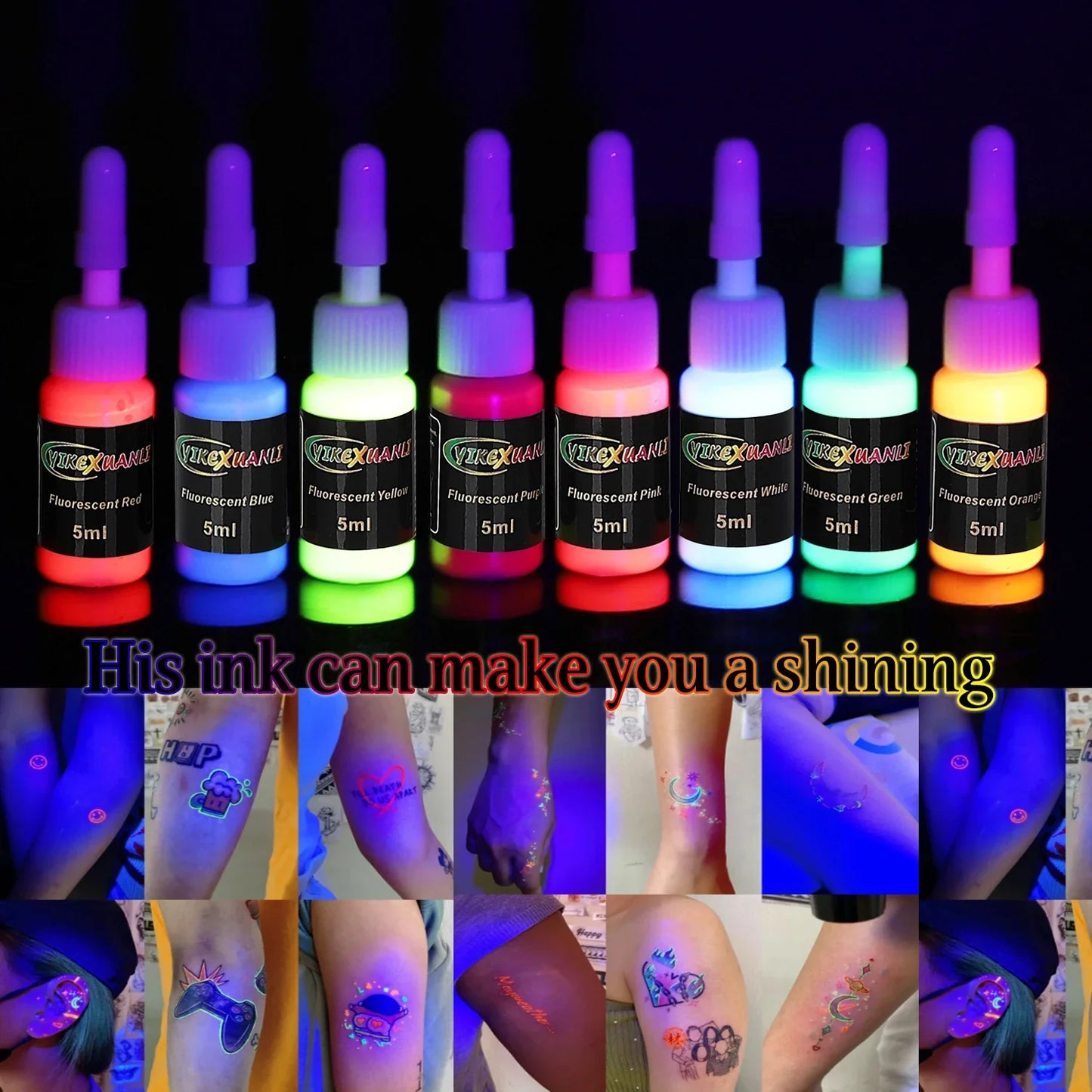 8-Color Fluorescent Tattoo Ink Kit - Non-Toxic UV Glow Body Art Ink for Blacklight Tattoos