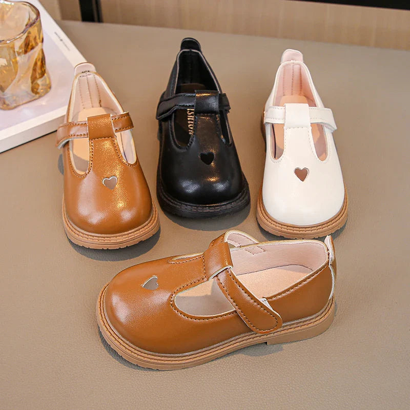 Girls Princess PU Leather T-Strap Flats with Heart Cut-Outs Cute Toddler & Kids Dress Shoes for Spring Autumn