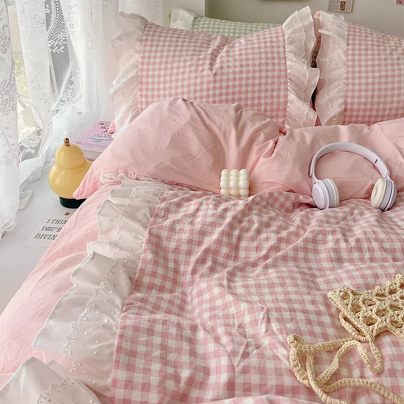 Korean Princess Lattice Double-Layer Lace Duvet Cover Set — Soft Microfiber Plaid Quilt Cover with Flat Sheet & Pillowcases (Single/Full/Queen: 150×200–200×230 cm / 59×79–79×91 in)
