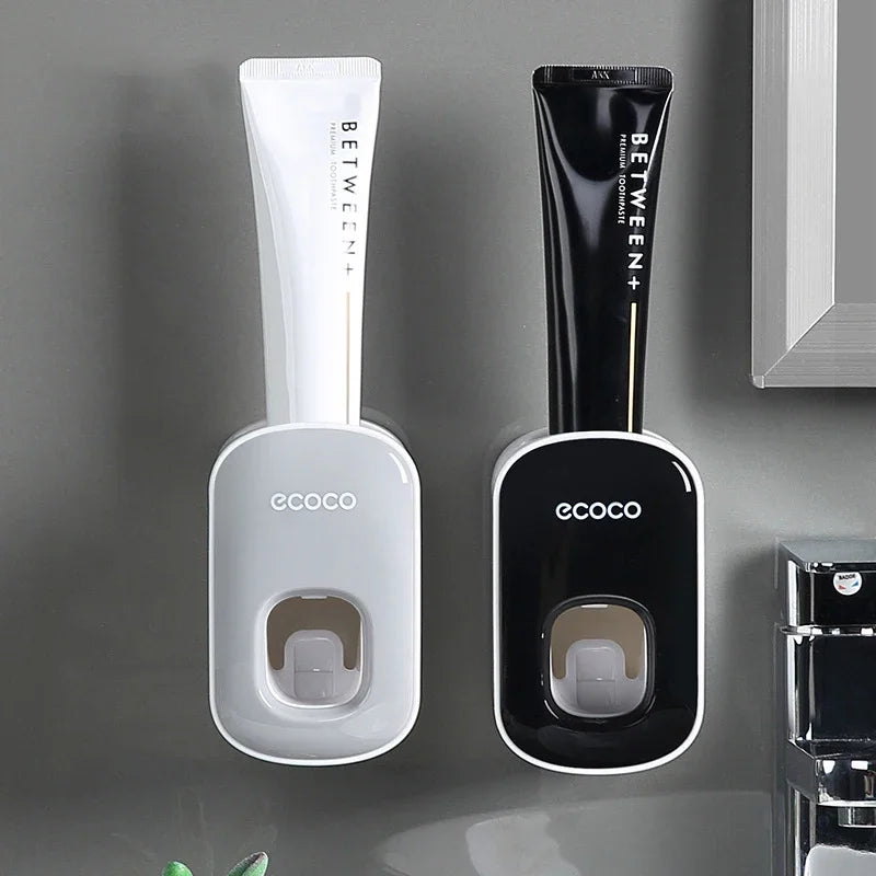 Automatic Wall-Mounted Toothpaste Dispenser with Toothbrush Holder — Suction Adhesive, Black/Gray
