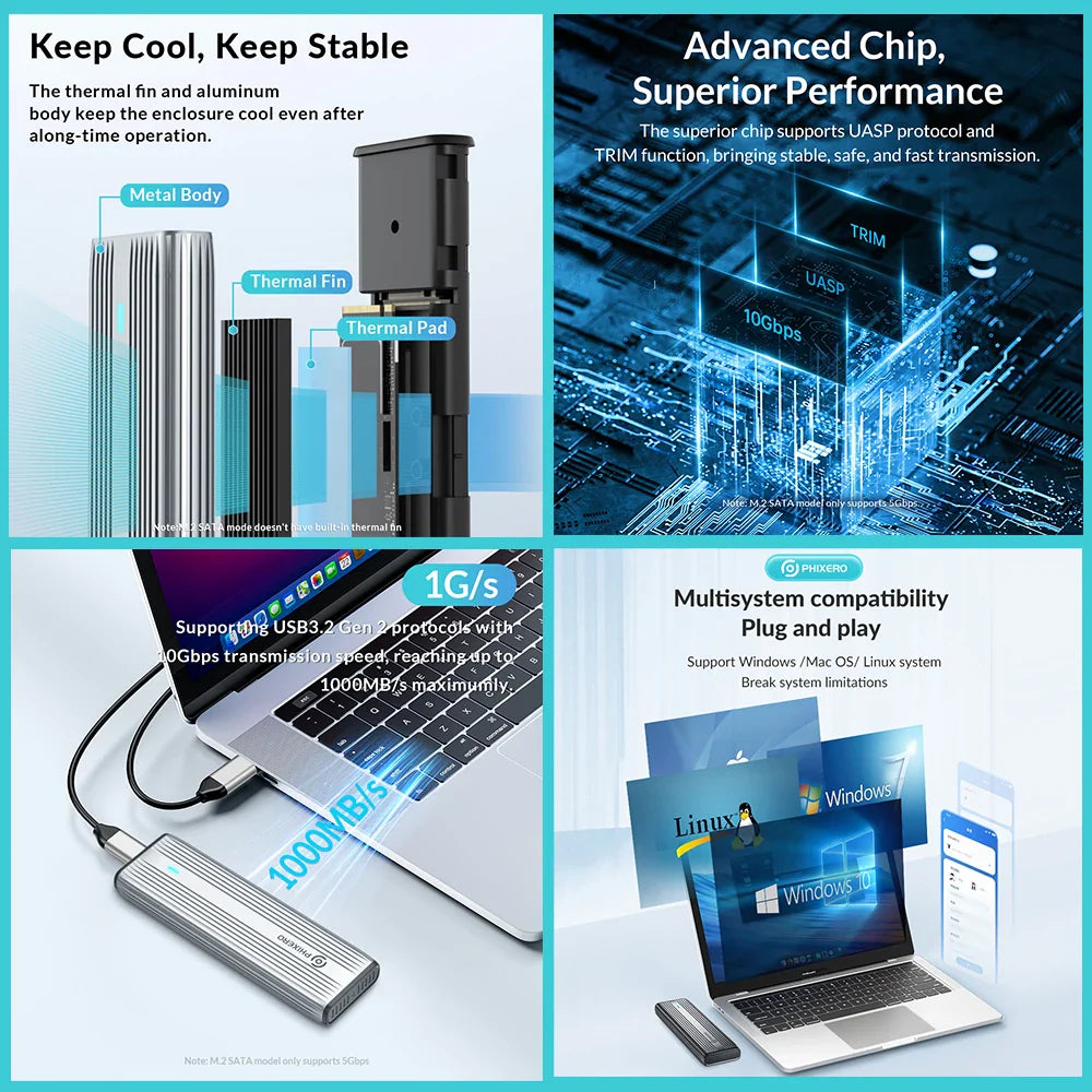 M.2 NVMe & SATA SSD Enclosure USB-C 10Gbps (USB 3.1 Gen2) Tool-Free Aluminum Case — Supports 2230/2242/2260/2280