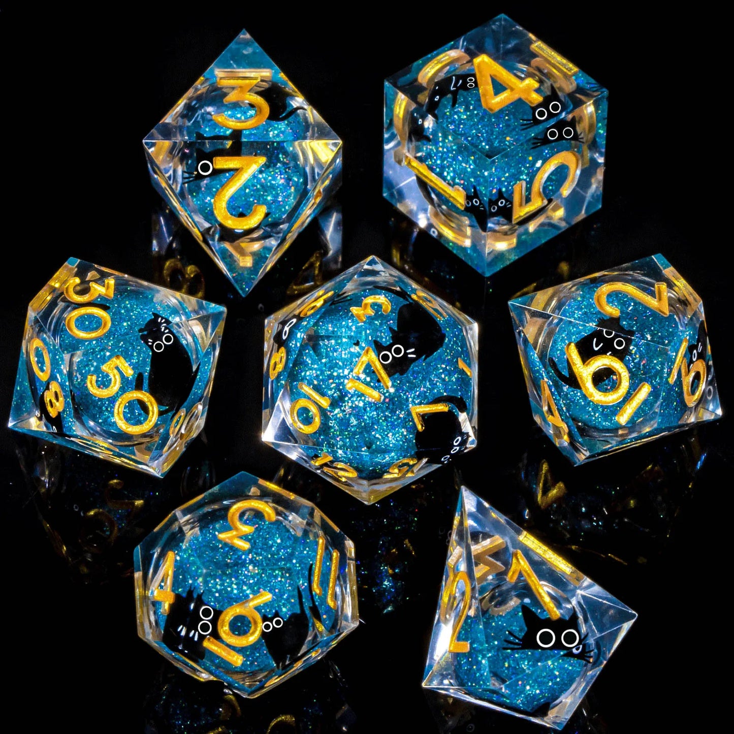Liquid-Core Cat Resin 7-Piece RPG Dice Set — Sharp-Edge Polyhedral D20 D12 D10 D8 D6 D4 for Dungeons & Dragons & Tabletop
