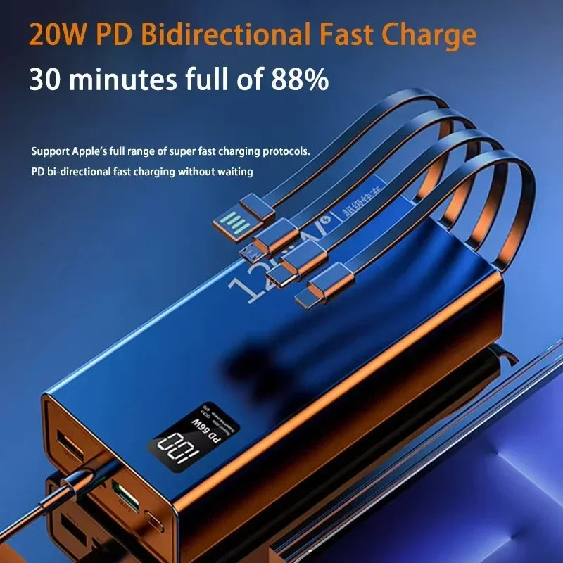 120W 50,000mAh Power Bank with Built-In 4-in-1 Cables — Fast Portable Charger with LED Display