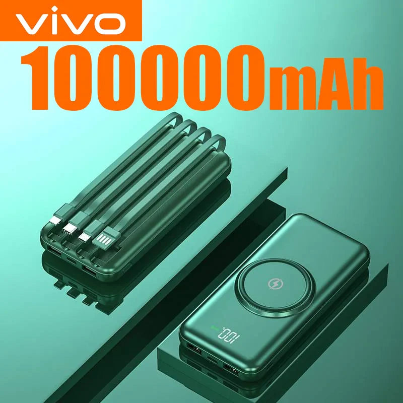 200000mAh Portable Power Bank Wireless Charger — 4 Built-In Cables, LED Digital Display, PD 20W & 120W Fast Charge