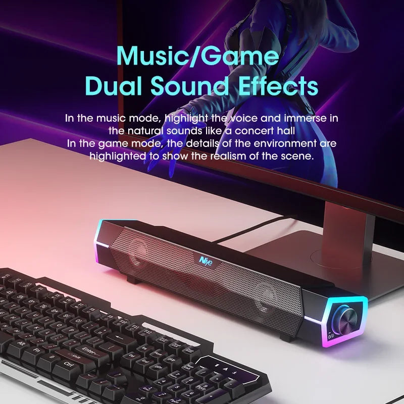 4D Bluetooth Soundbar for Laptop & PC — USB-Powered 2.0 Stereo Surround with RGB Lights & Built-in Mic
