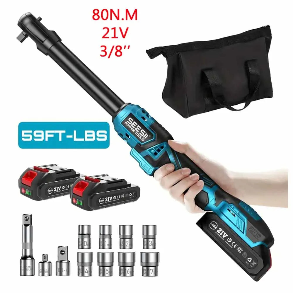 3/8" Cordless Electric Ratchet Wrench 21V Brushless 66 ft-lbs (89 Nm) Extended 4" Neck with 2 Batteries, Charger & Socket Kit