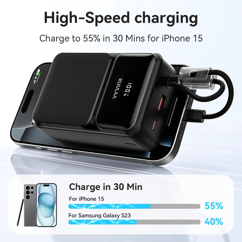 30000mAh 22.5W Portable Power Bank with Built-in Cables — Fast Charger USB-C & USB-A, 4-Device Portable Charger