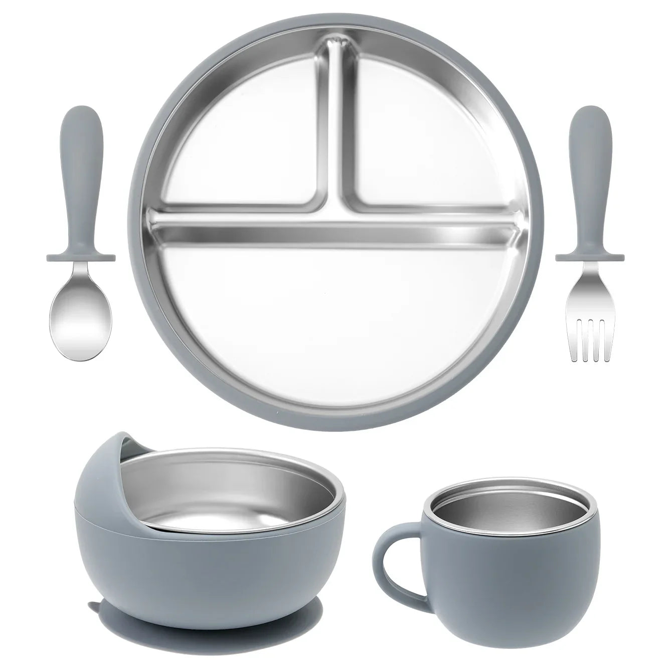 5-Piece Baby Feeding Set — Stainless Steel Plates & Utensils with Detachable Silicone Suction Bowl, BPA-Free Infant Fork Spoon Cup