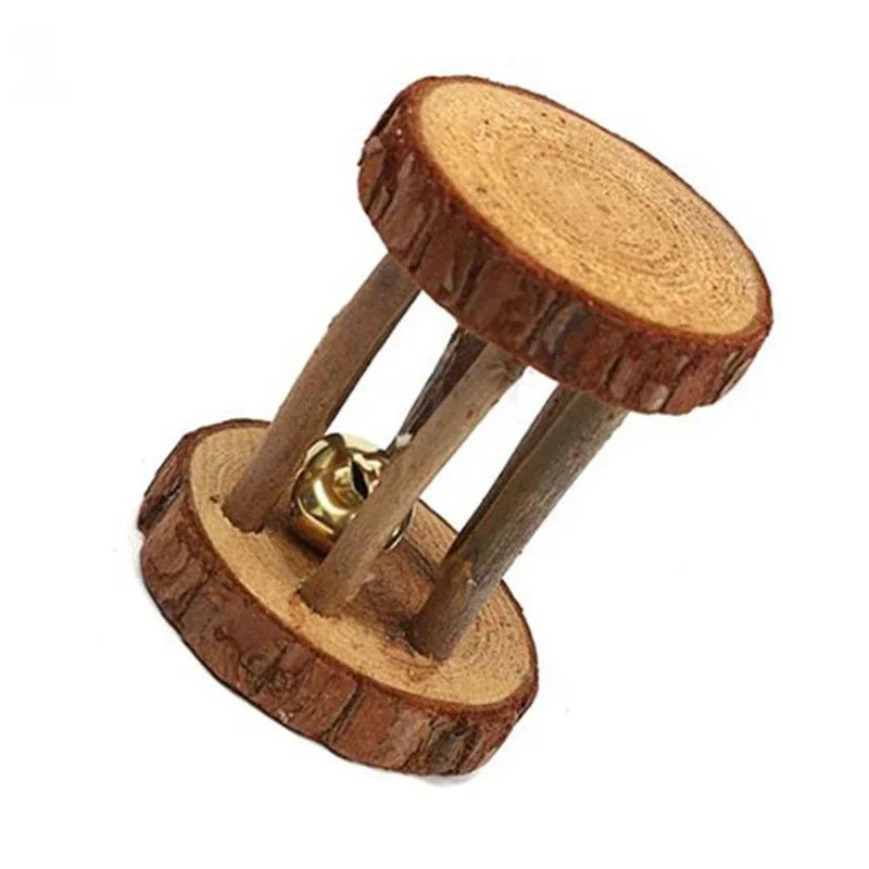Wooden Pine Chew Roller Toy for Rabbits, Guinea Pigs & Rats - Dumbbell Unicycle Bell for Small Pets