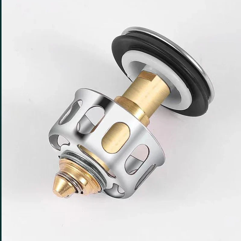 Universal Brass Pop-Up Drain Stopper & Hair Catcher – Metal Basin Strainer Plug for Sink and Bathtub