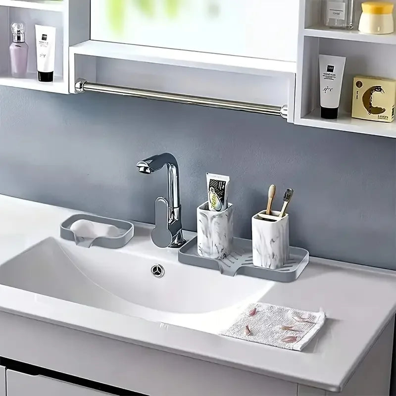 Silicone Faucet Mat & Sink Tray – Soap Dish, Sponge Drain Pad and Countertop Storage