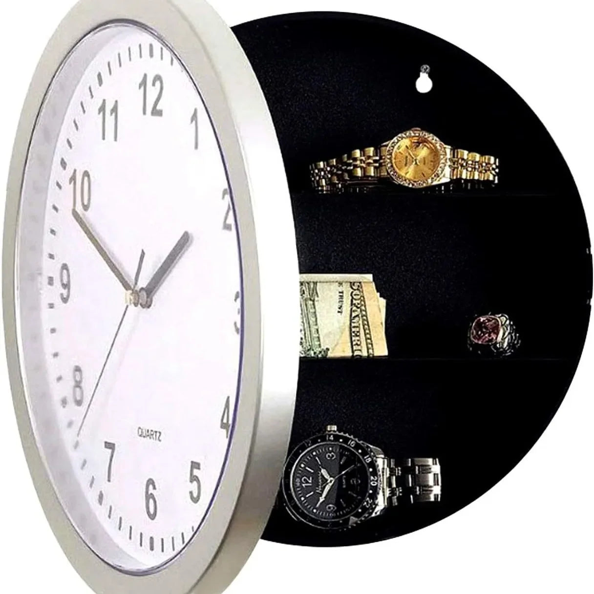 Hidden Safe Wall Clock 9.8 in (25 cm) - Secret Compartment Clock Safe for Cash, Jewelry & Keys - Silent Decorative Wall Clock