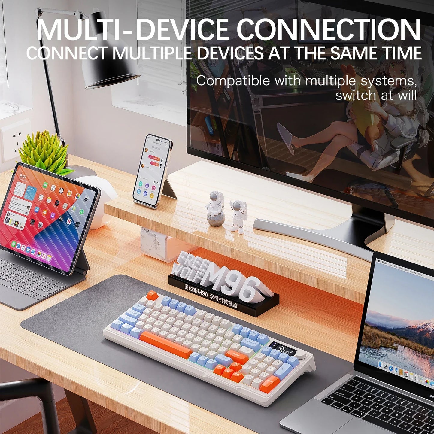 96-Key Bluetooth & 2.4G Wireless Gaming Keyboard with Smart Screen, RGB Backlight, Ergonomic PBT Keycaps — Multi-Device for PC Laptop Tablet