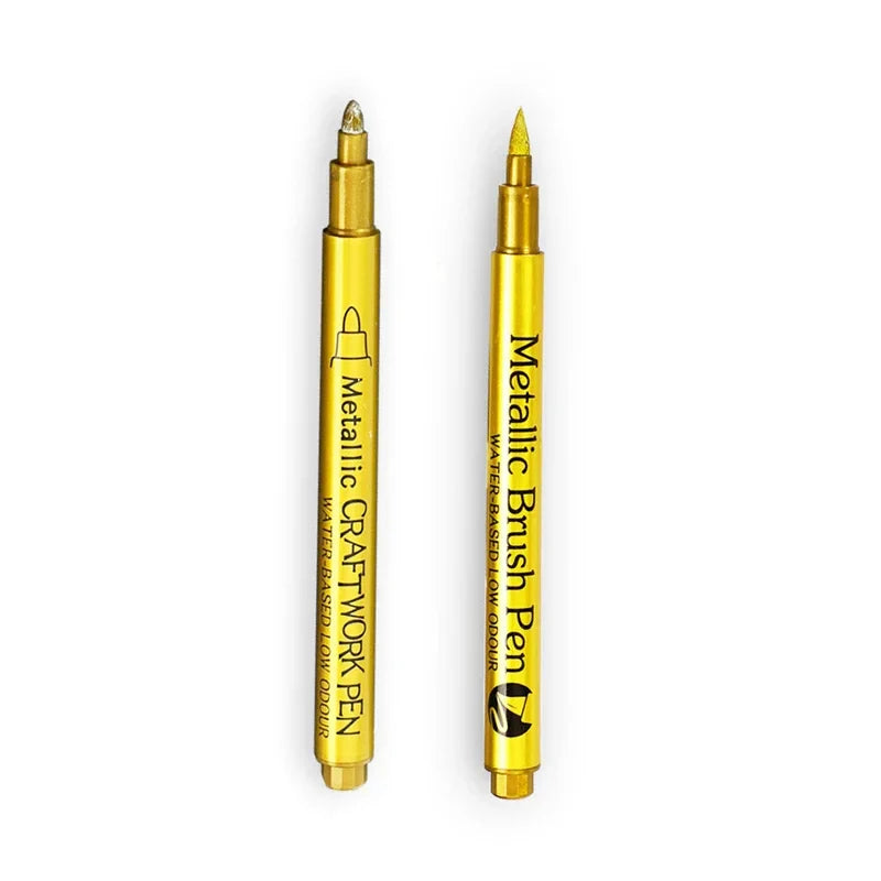 Metallic Brush Marker Pen (1 or 2-Pack) – Gold & Silver Permanent Metallic Ink for Crafts, Scrapbooking & Manga (14 cm / 5.5 in)