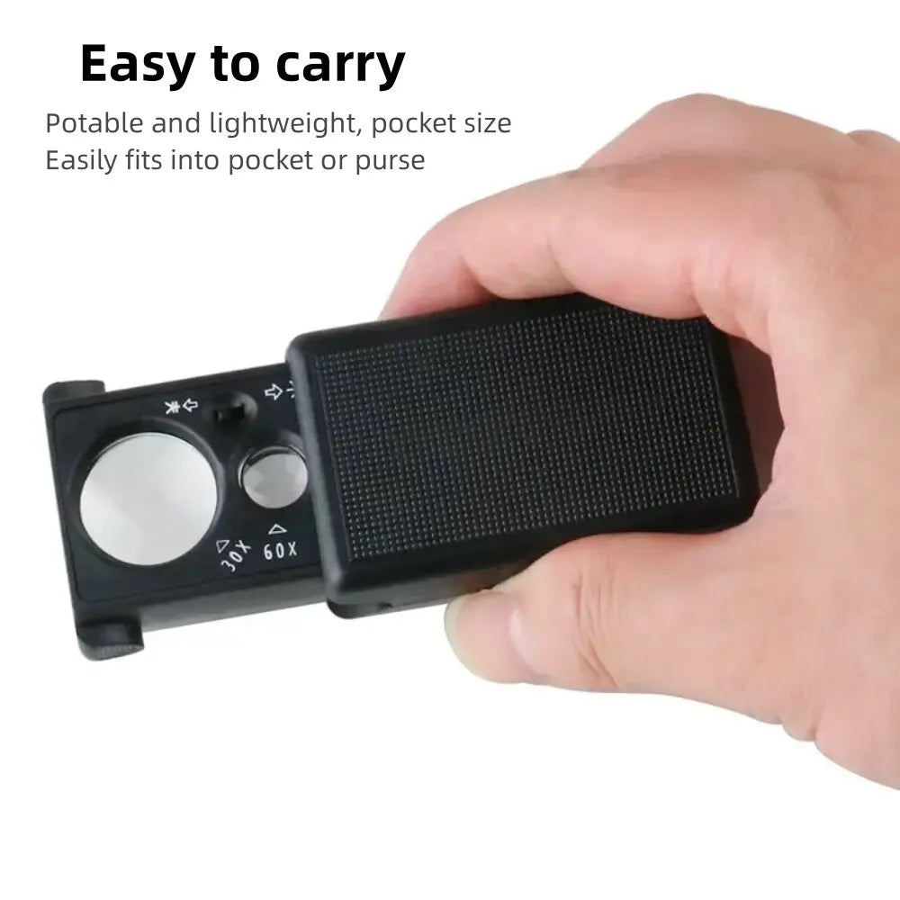 30X/60X Jewelry Magnifier with LED & UV Detector – Mini Handheld Magnifying Glass for Coins, Currency & Gems