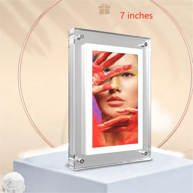 Acrylic Digital Photo Frame 5 in (12.7 cm) / 7 in (17.8 cm) IPS – 1000mAh Rechargeable, Type-C Upload, 2–8GB Memory, Vertical & Horizontal Playback