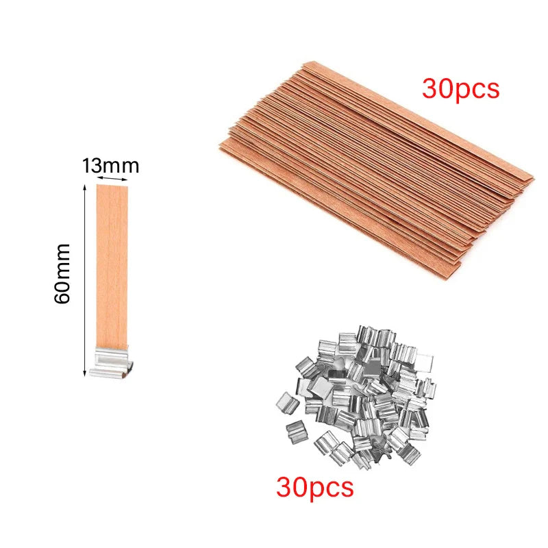 30/50-Pack Cherry Wood Candle Wicks with Metal Clip Bases – Smokeless Wooden Wicks for DIY Jar Candles