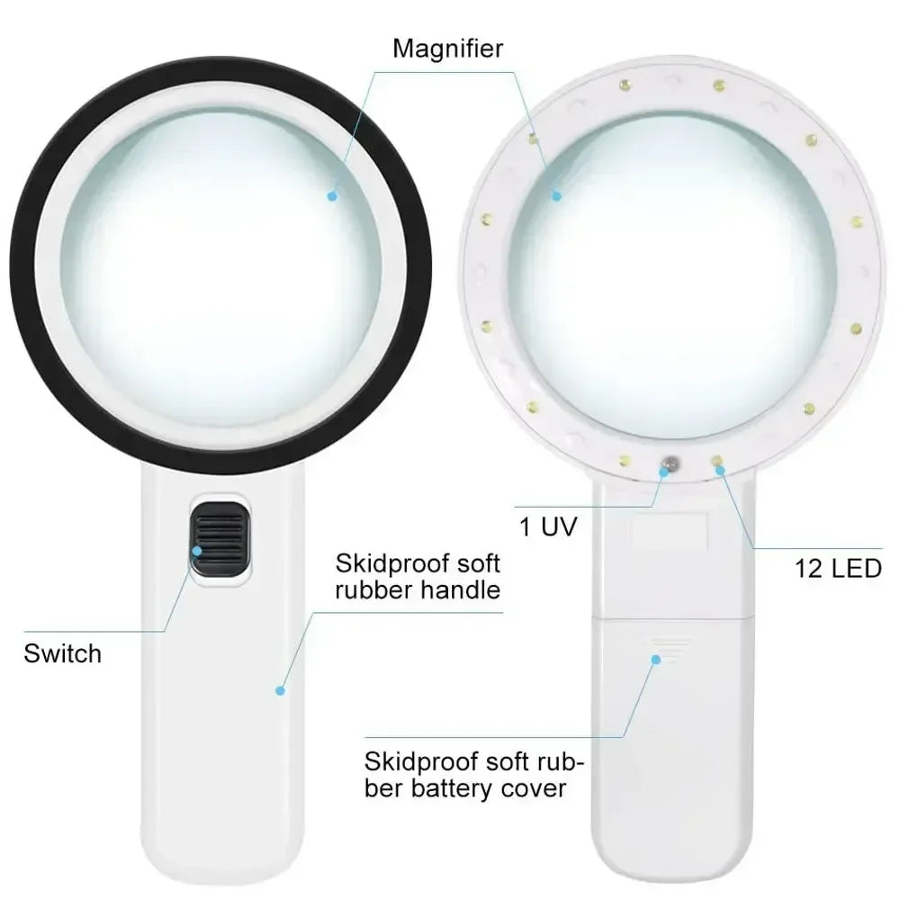 30X Handheld Magnifier with 12 LED Lights, Portable Loupe for Reading, Jewelry & Watch Repair