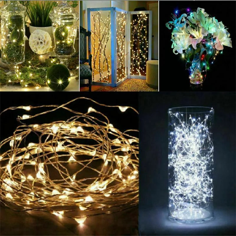 1-Pack Fairy LED Copper Wire String Lights — Battery Powered, 1/2/3/5/10M (3.3/6.6/9.8/16.4/32.8 ft) for Bedroom, Garden, Party and Wedding Decor