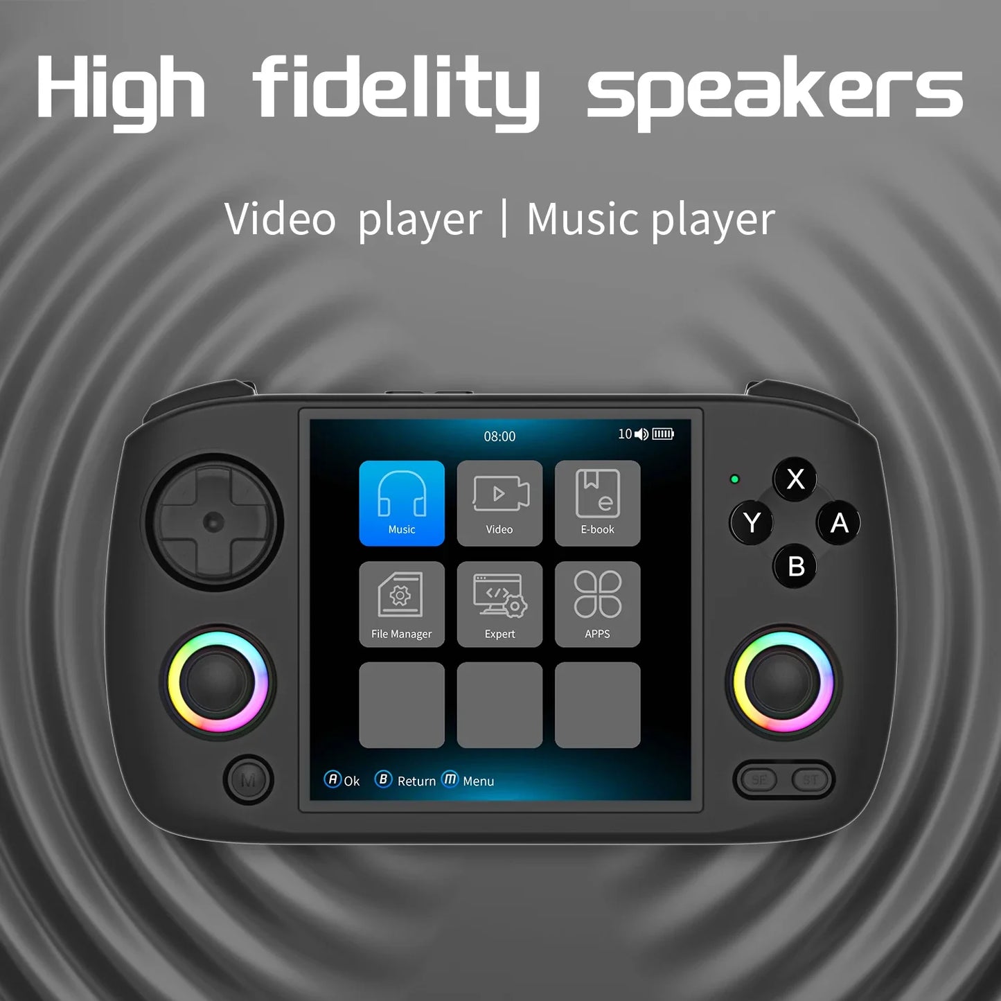 Retro Handheld Game Console 3.95\" (10.0 cm) IPS 720×720 Linux 64-bit Wi‑Fi Bluetooth RGB Joysticks 32GB Expandable to 512GB