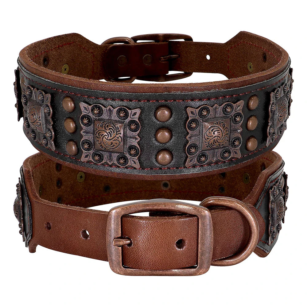 Genuine Leather Spiked Dog Collar – Adjustable L/XL for Medium & Large Dogs (Pitbull, Bulldog, German Shepherd) – Black Brown Green