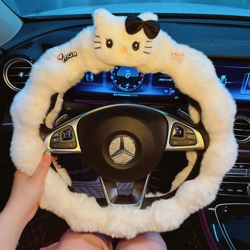 Kawaii Cat Plush Steering Wheel Cover – Winter Warm Soft Car Wheel Cover, Cute Interior Accessory