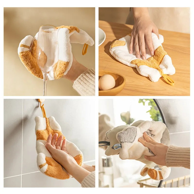 Cute Cat Hanging Hand Towel - Soft Absorbent Coral Fleece Kitchen & Bathroom Towel 30 x 21 cm (11.8 x 8.3 in)
