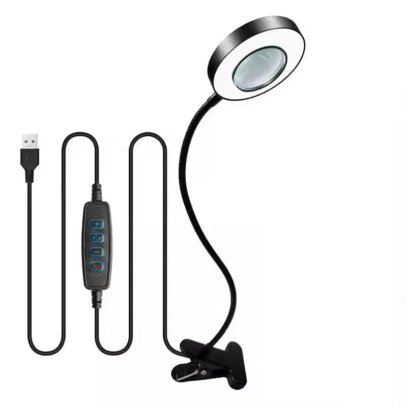 10X Clamp-On Gooseneck Magnifying Glass with 3-Color LED, 3.7 in (94 mm) Glass Lens for Reading, Nail Art & Crafts