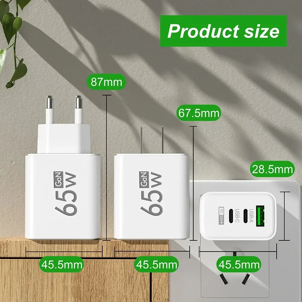 65W GaN USB-C PD Fast Charger — 3-Port USB-A/USB-C QC3.0 Power Adapter