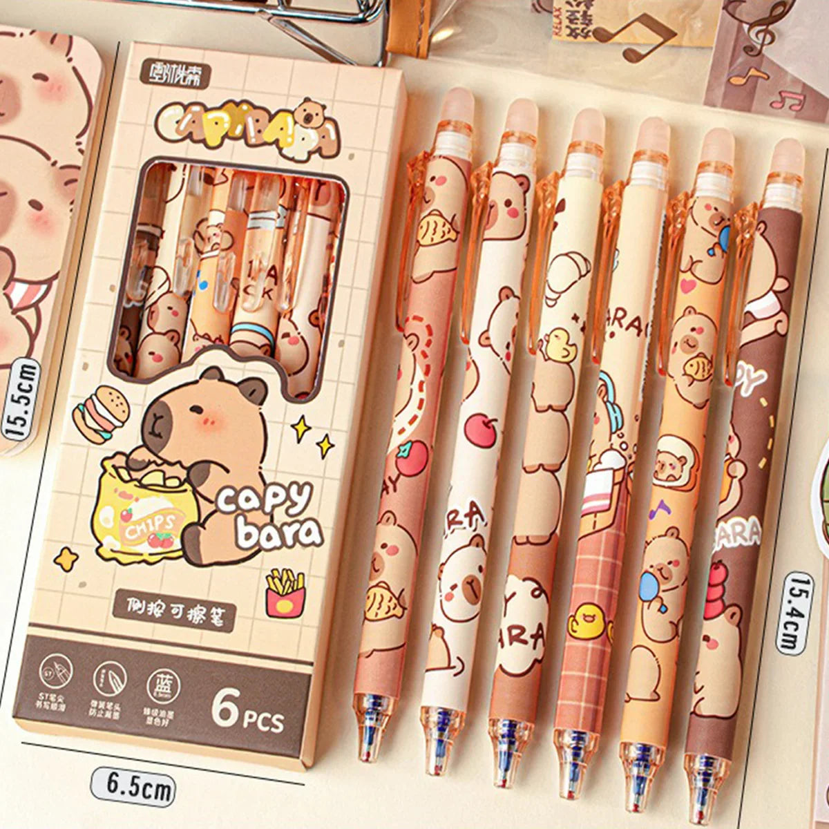 Capybara Erasable Gel Pens 6-Pack Refillable 0.5mm Smudge-Free Cute Animal Stationery for School & Office