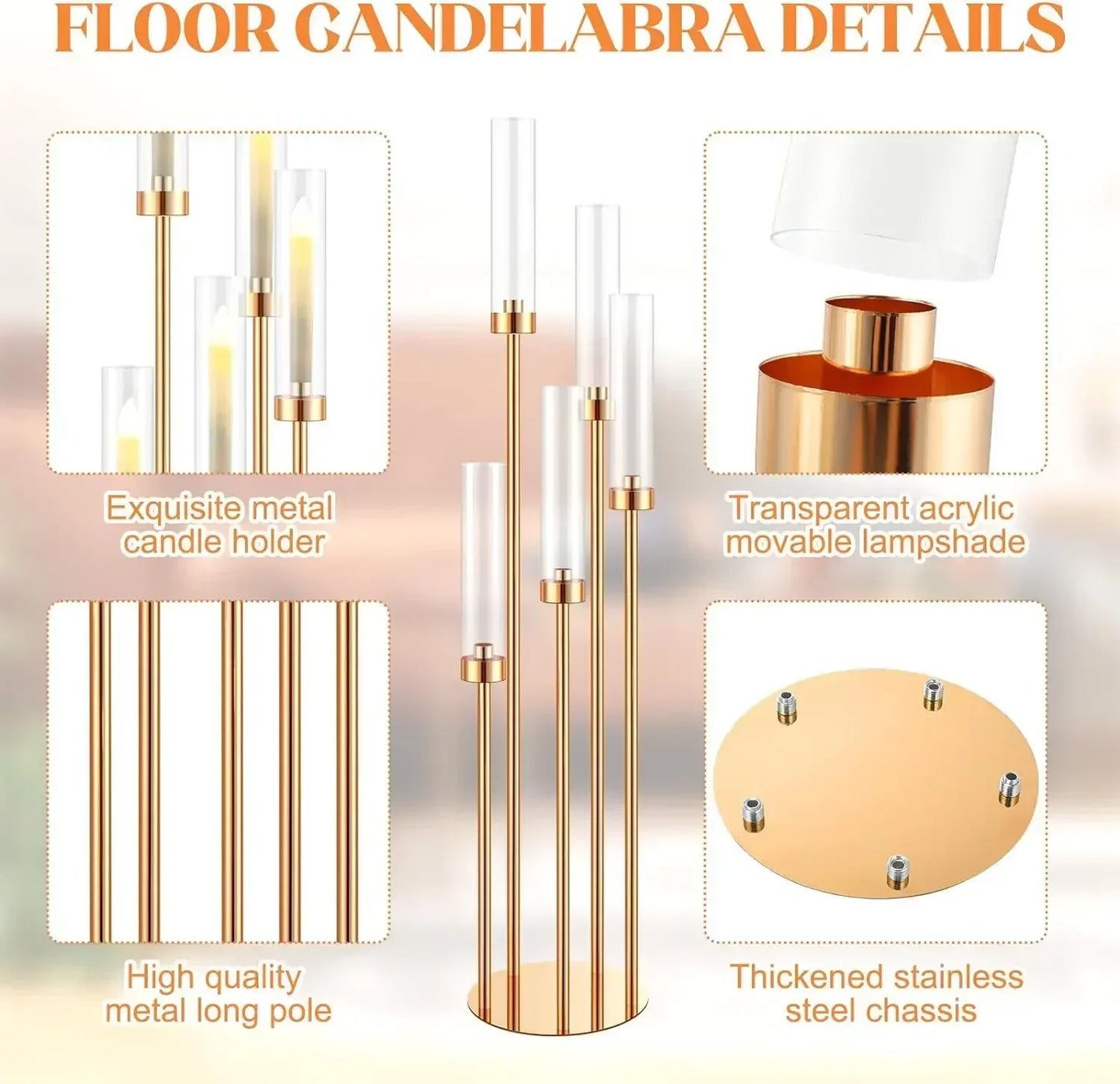 5-Arm Floor Candelabra 42.5 in (108 cm) Gold Metal Candle Holder with 5 Acrylic Shades for Wedding Centerpiece
