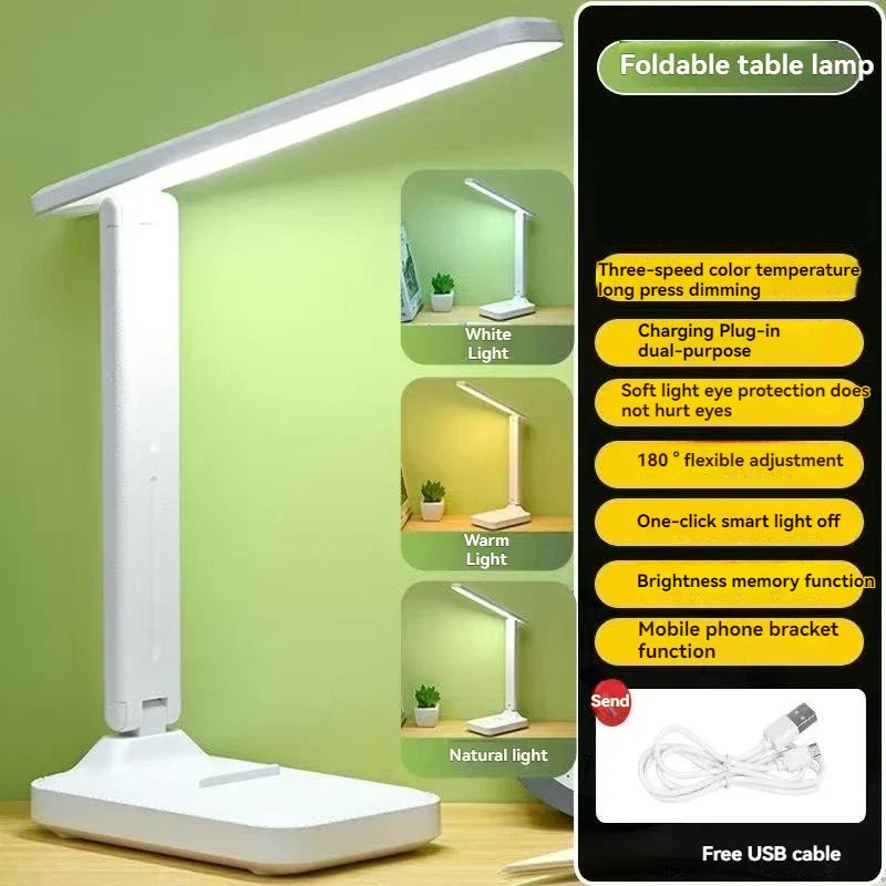 Foldable LED Desk Lamp – Stepless Dimmable Touch Table Lamp, 3 Color Modes, Eye Protection USB Rechargeable Bedside Reading Light
