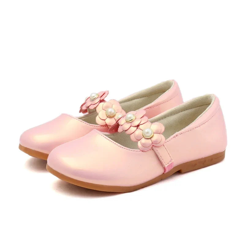 Girls Floral PU Leather Dress Flats with Flower Applique – Princess Party Shoes (EU Sizes 26–36)
